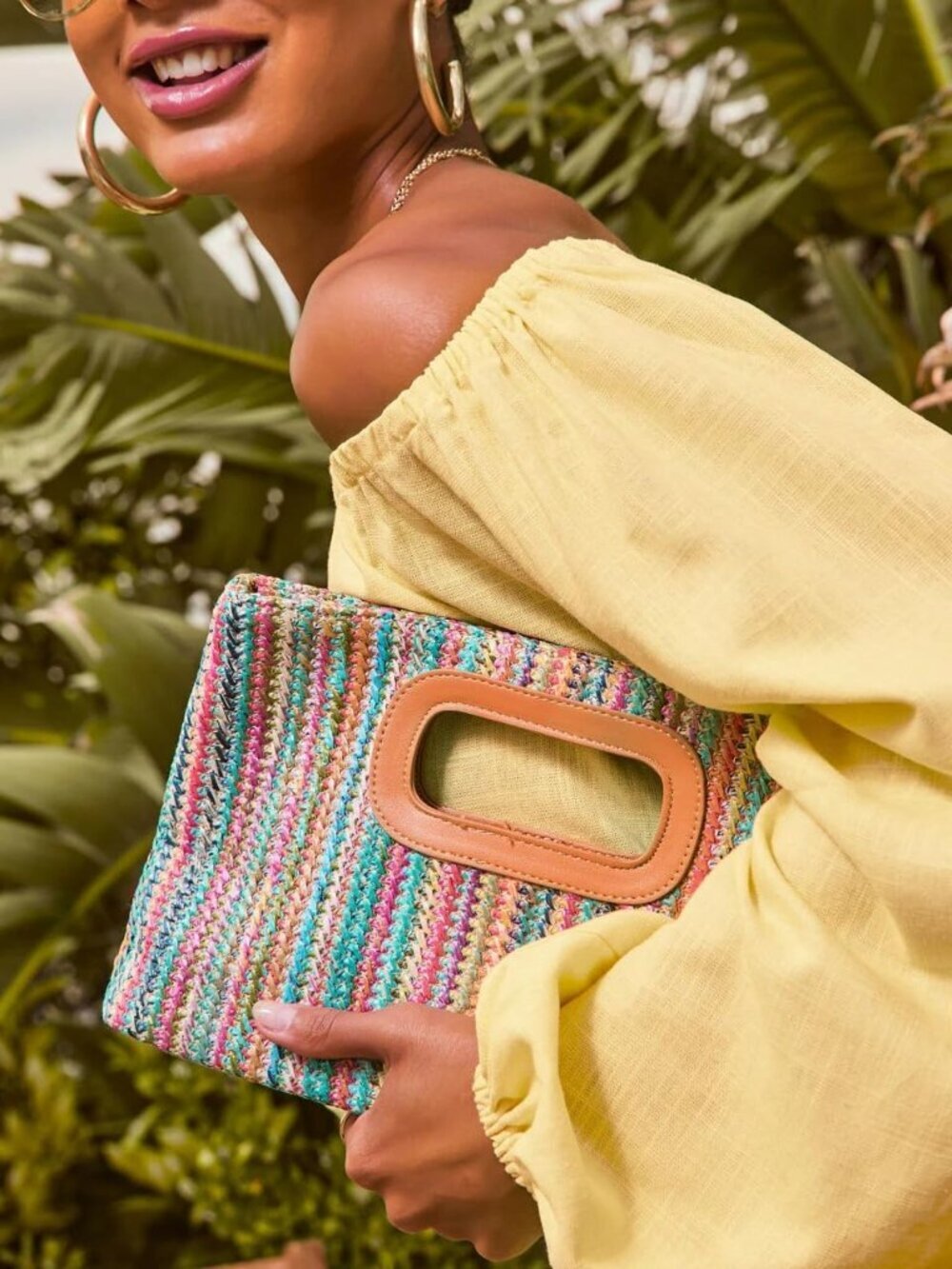 Women colorful Top Handle Straw Clutch Raffia Woven Shoulder Crossbody Handbag - Picture 3 of 7